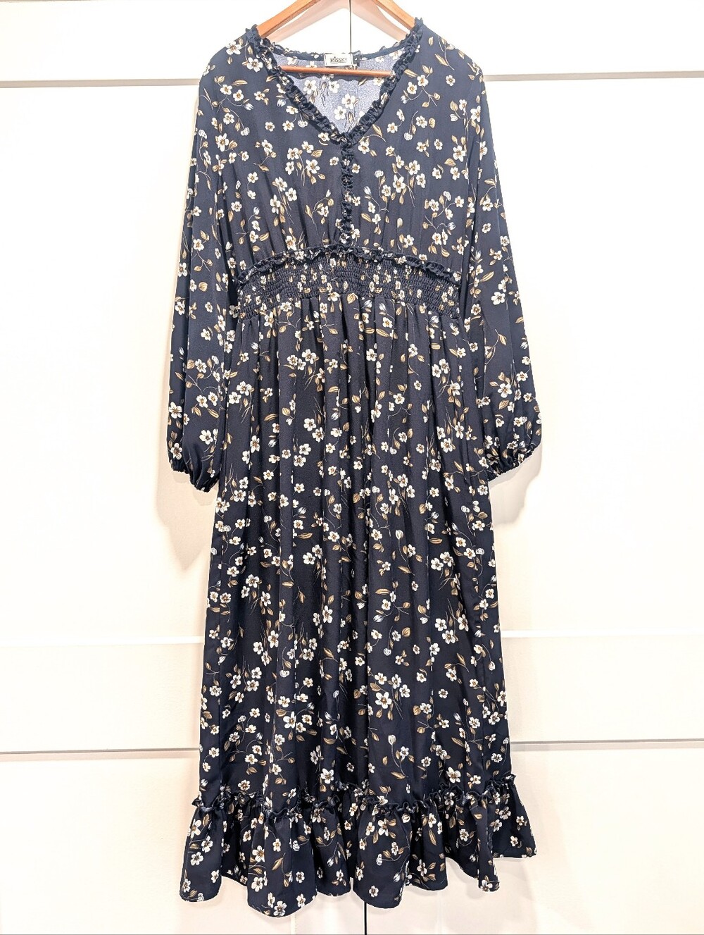 MISSKY Women's Navy Floral Smocked Waist Maxi Dress Size Large